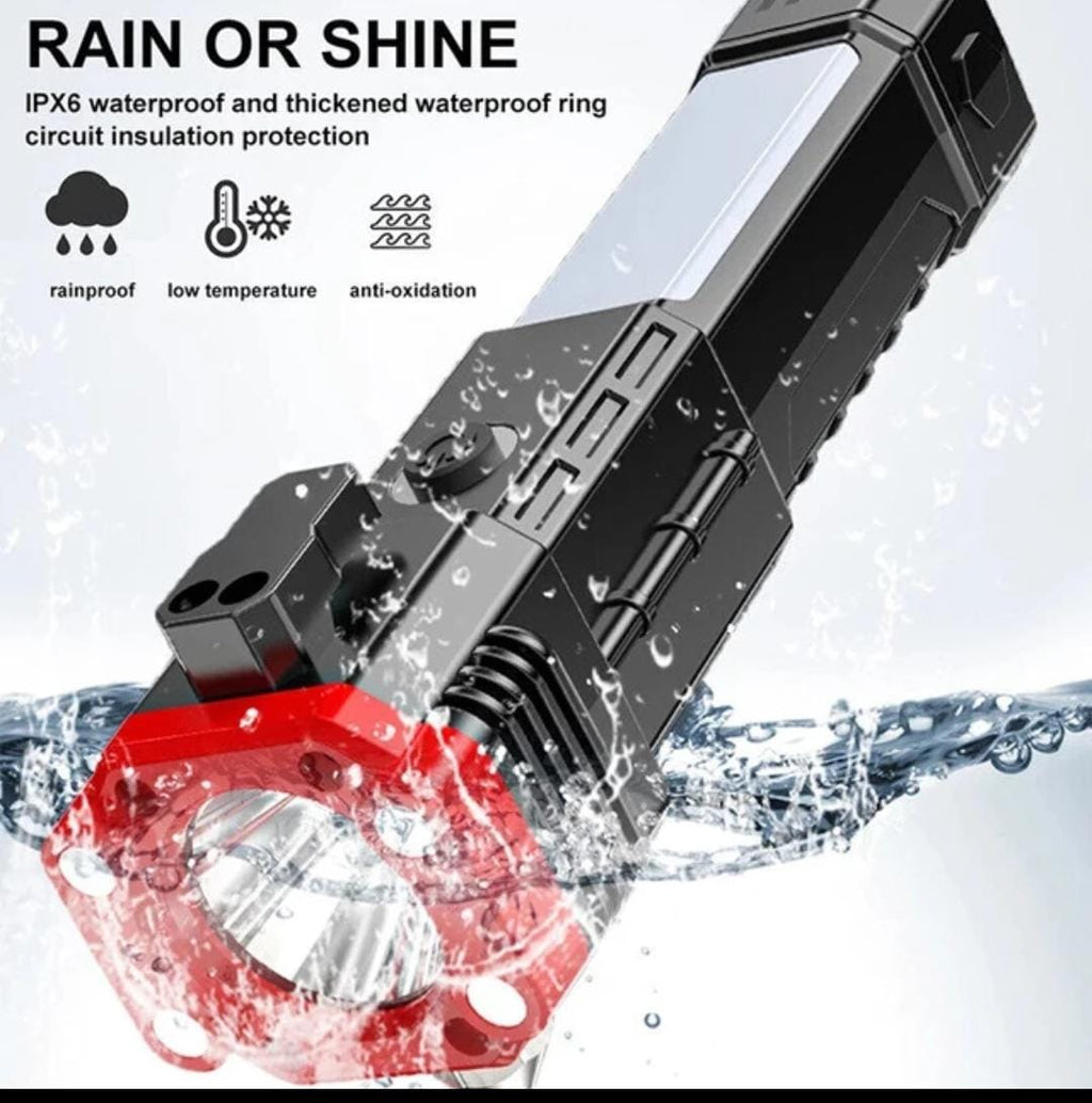 High Power LED Torch Light Rechargeable Flashlight With Tactical Hammer And Power Bank (Random Color)