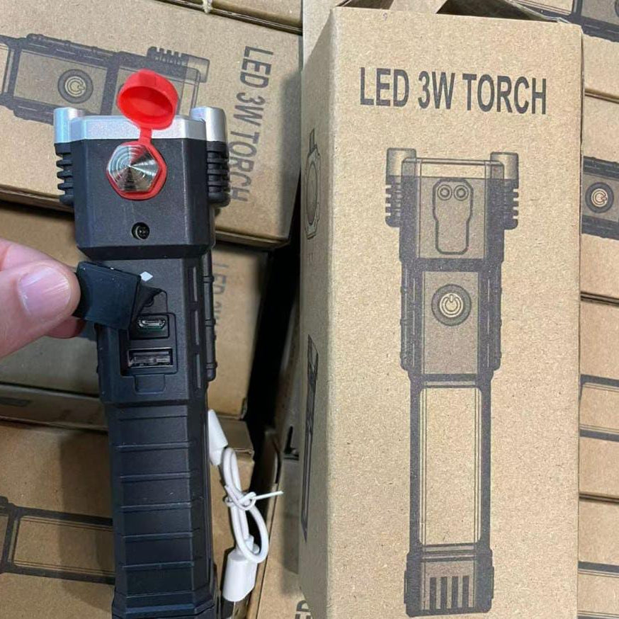 High Power LED Torch Light Rechargeable Flashlight With Tactical Hammer And Power Bank (Random Color)