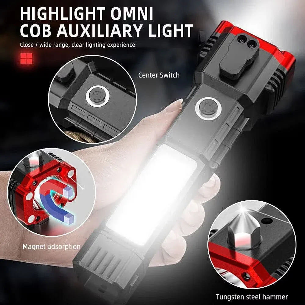 High Power LED Torch Light Rechargeable Flashlight With Tactical Hammer And Power Bank (Random Color)