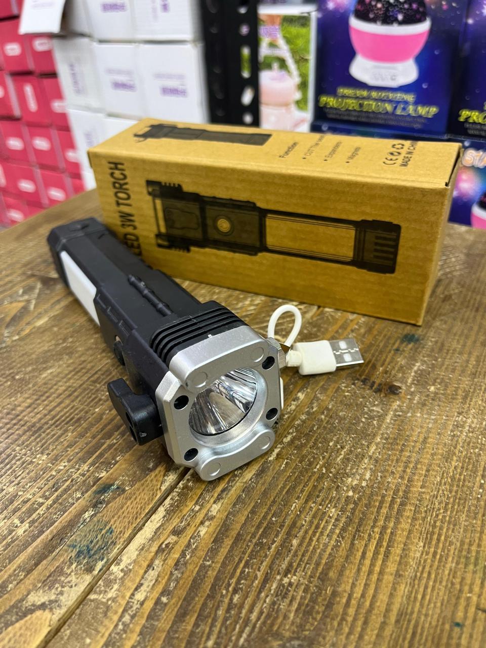 High Power LED Torch Light Rechargeable Flashlight With Tactical Hammer And Power Bank (Random Color)