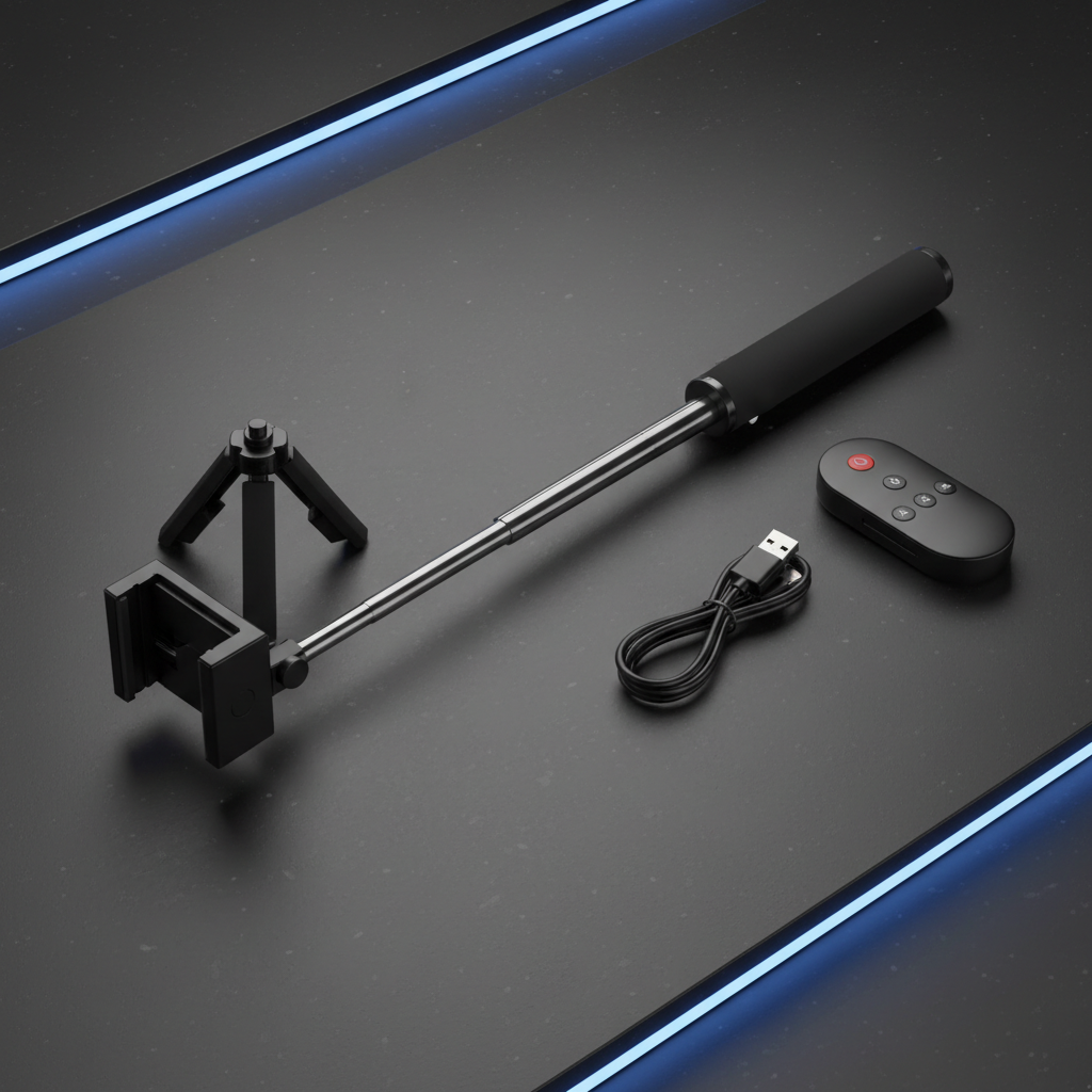 NextSity 3-in-1 Selfie Stick - Complete Kit Flat Lay