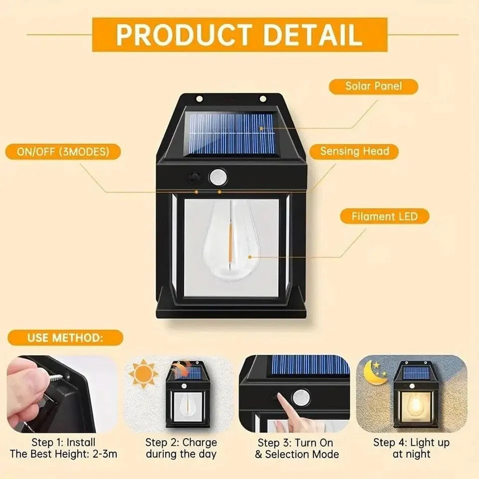 Solar Tungsten Filament Wall Lamp with Motion Sensor | Outdoor Waterproof Garden Light (KT-666)